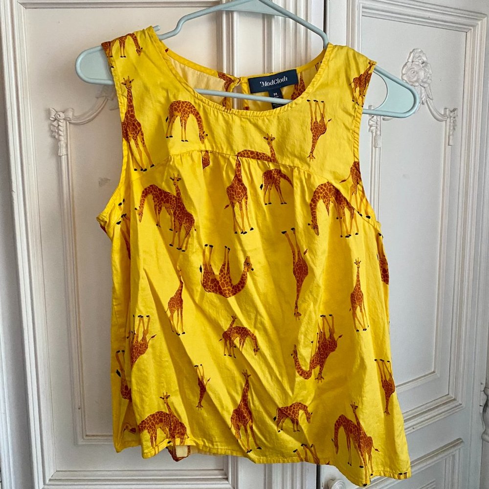 Modcloth bright yellow sleeveless blouse w/ giraffe print, women's size medium